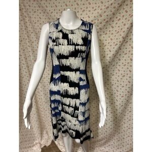 NWT BCBGMaxAzria Blue, Black, and White Abstract Print Asymmetrical Dress